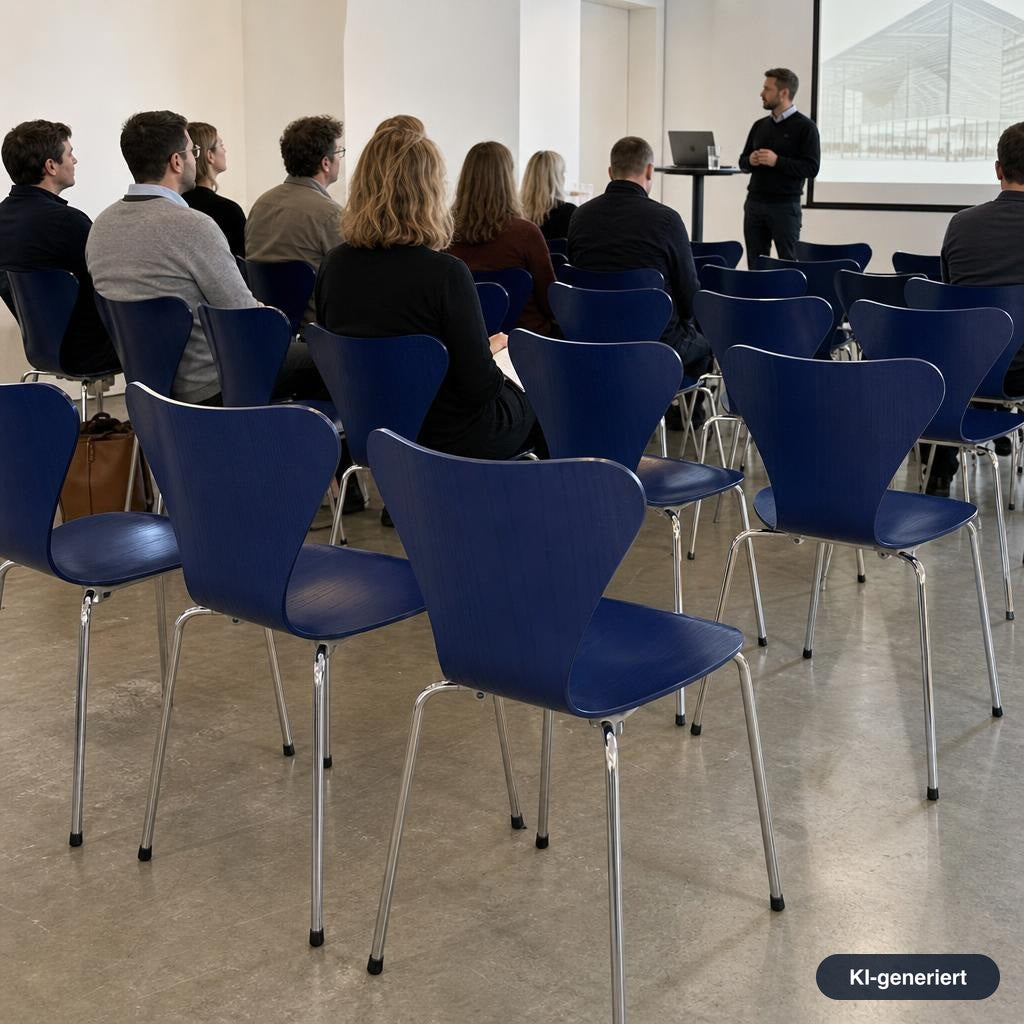Blaue Fritz Hansen Serie 7 Stapelstühle mit Holzschale und verchromtem Untergestell in einem Konferenzraum.