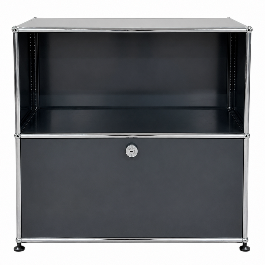 USM Haller Sideboard 1x2 in Anthrazit mit offener Ablage und Klappe, 78x74x53 cm, klassisches Design mit Chromrahmen.