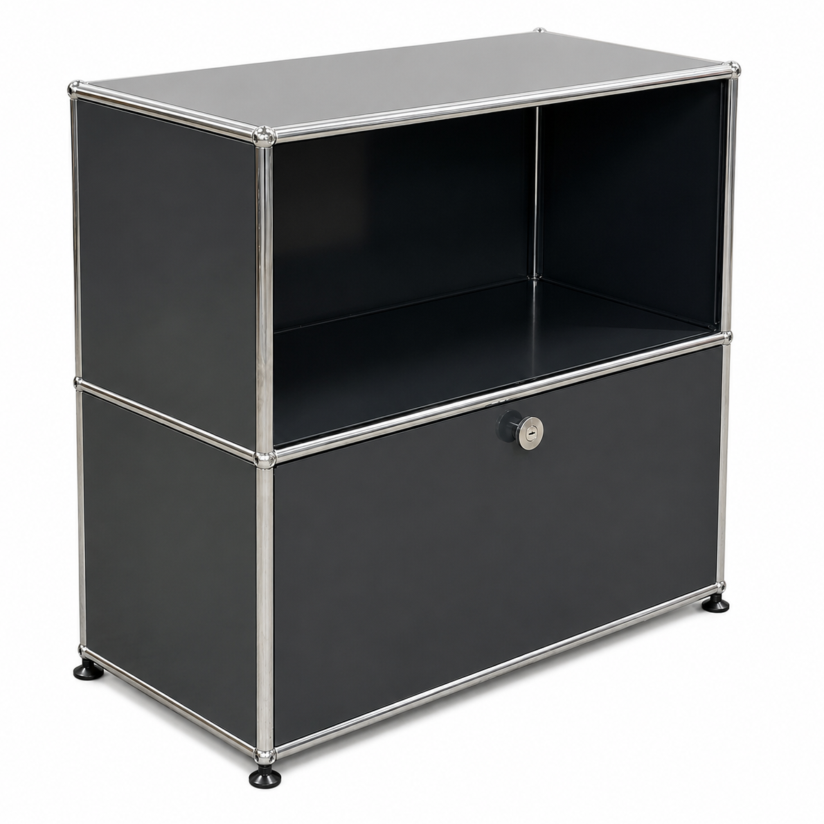 Anthrazitfarbenes USM Haller Sideboard mit einem offenen Fach und einer abschließbaren Klappe, 78x74x38 cm.