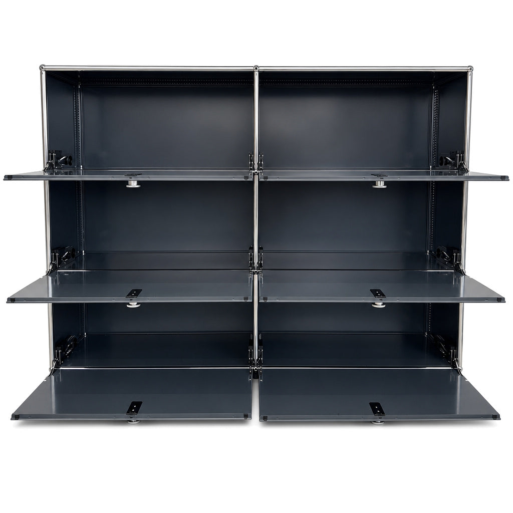 Anthrazitgraues USM Haller Highboard 2x3 mit sechs offenen Klappen und verchromtem Stahlrohrrahmen.