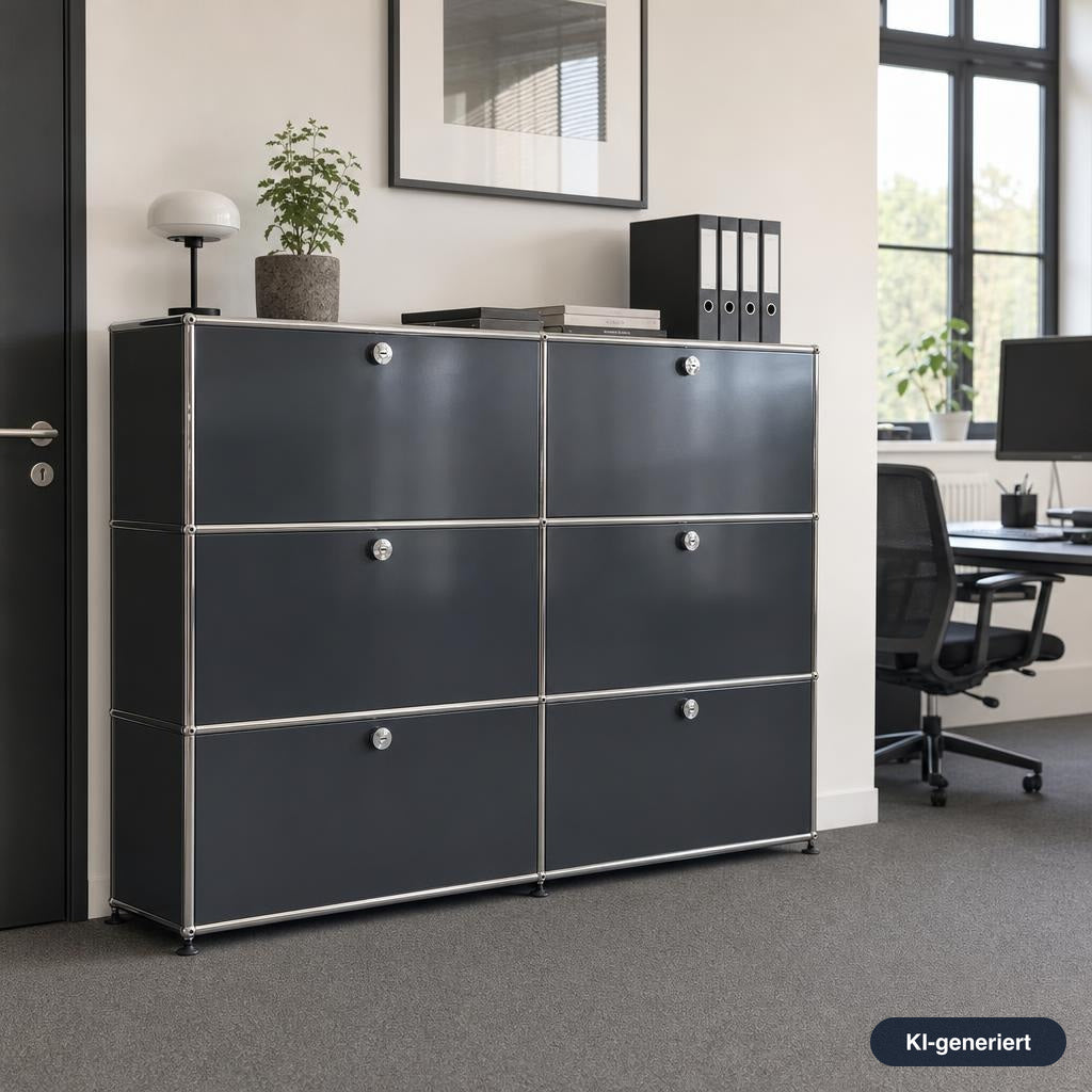 USM Haller Highboard 2x3 in Anthrazitgrau mit sechs abschließbaren Klappen und verchromtem Stahlrahmen im Büro.