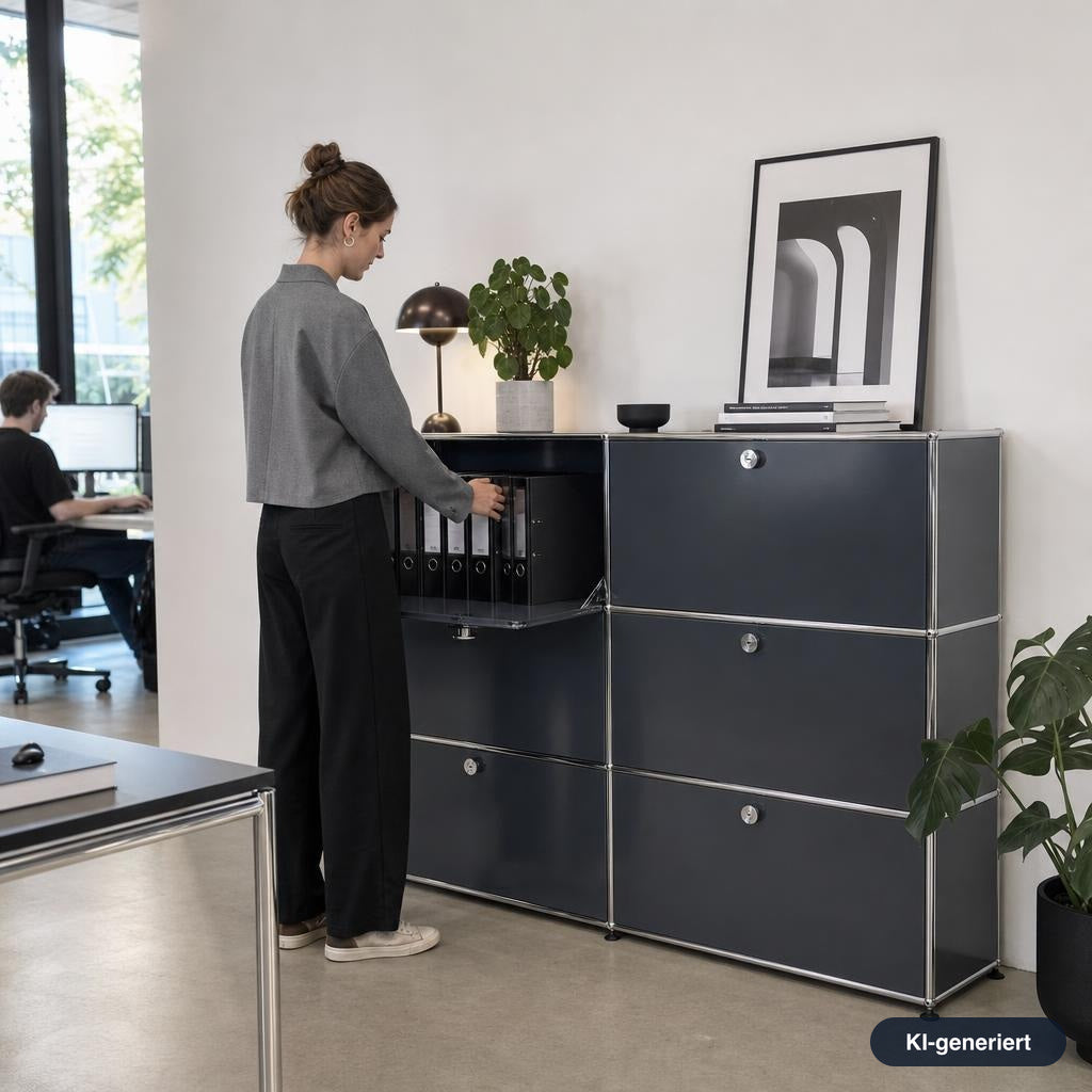 Anthrazitgraues USM Haller Highboard 2x3 mit sechs abschließbaren Klappen und verchromtem Stahlrahmen in einem Büro.