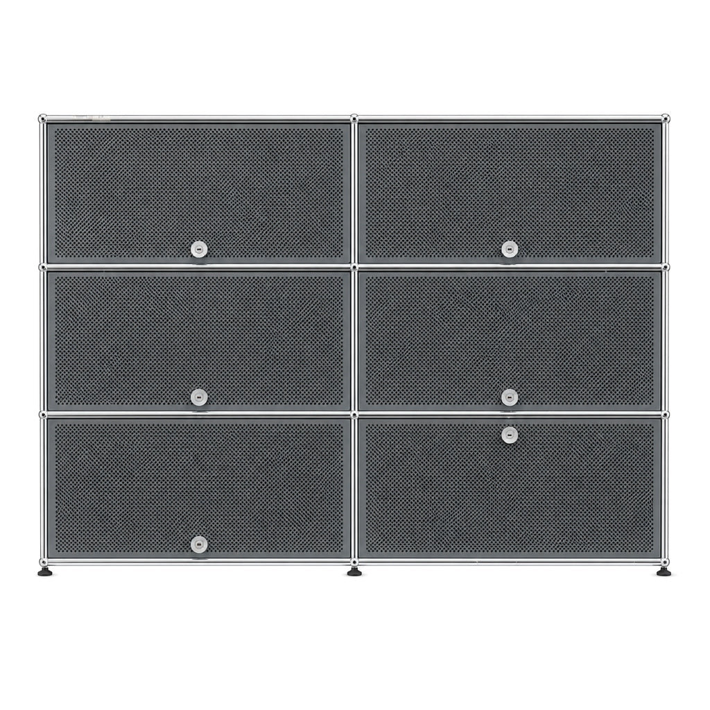 USM Haller Highboard 2x3 in Mittelgrau mit perforierten Schallschutz-Fronten, 152x109x38 cm, modularer Designklassiker.
