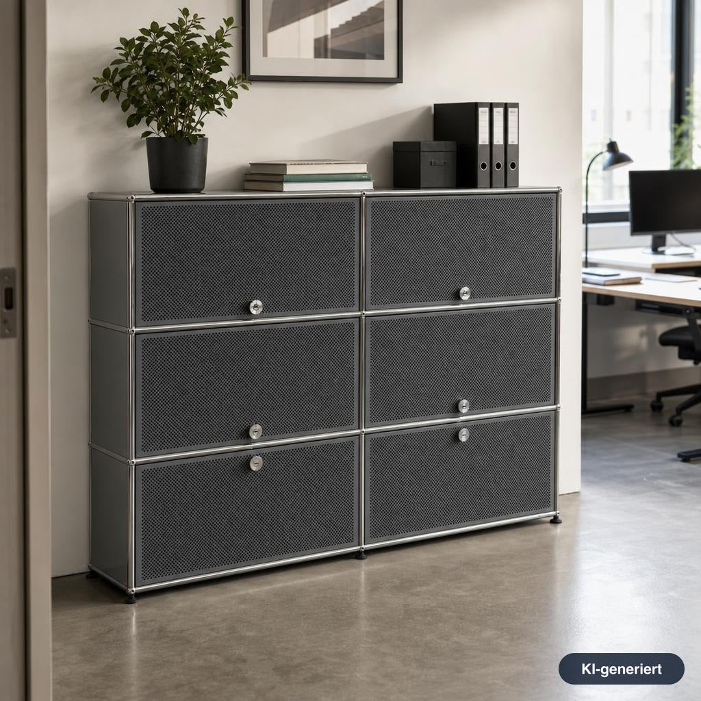USM Haller Highboard 2x3 in Mittelgrau mit perforierten Fronten, Schallschutzelementen und verchromtem Stahlrahmen.