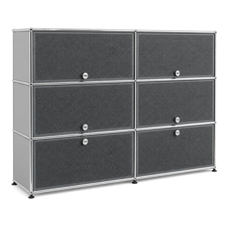 USM Haller Highboard 2x3 in Mittelgrau mit perforierten Schallschutz-Fronten, 152x109x38 cm.