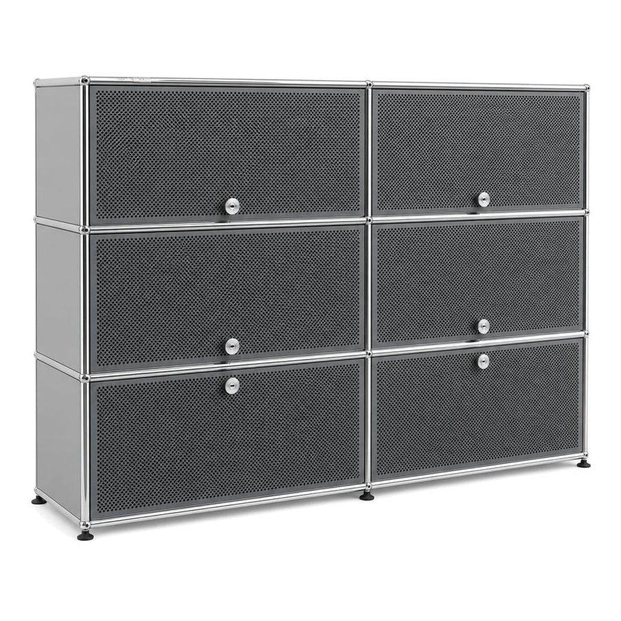 USM Haller Highboard 2x3 in Mittelgrau mit perforierten Schallschutz-Fronten, 152x109x38 cm.