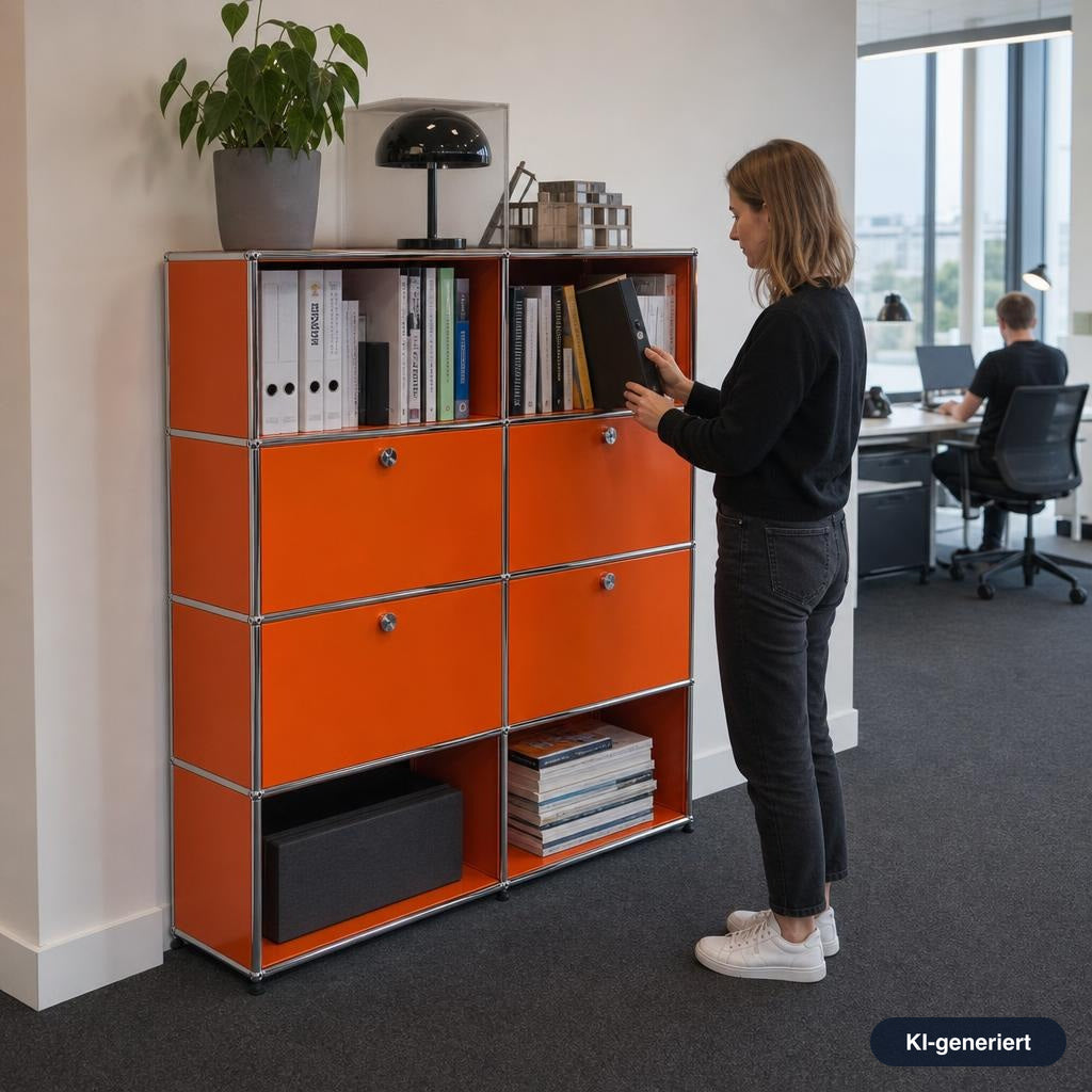 USM Haller Highboard 2x4 in Reinorange mit vier Klappen und perforierten Rückwänden in einem modernen Büro.