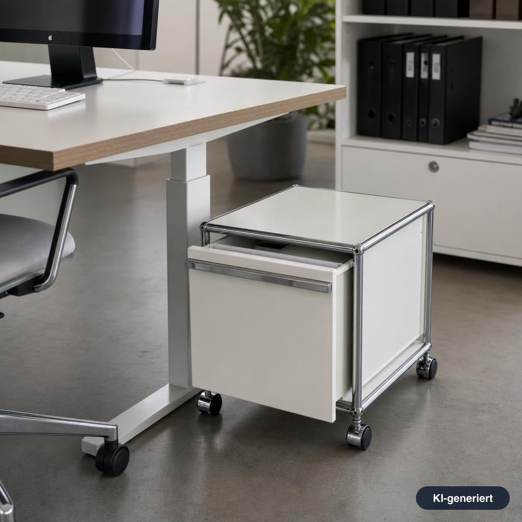 Weißer USM Haller Rollcontainer mit Chromrahmen und Schublade, 43x53x43 cm, unter einem modernen Schreibtisch.