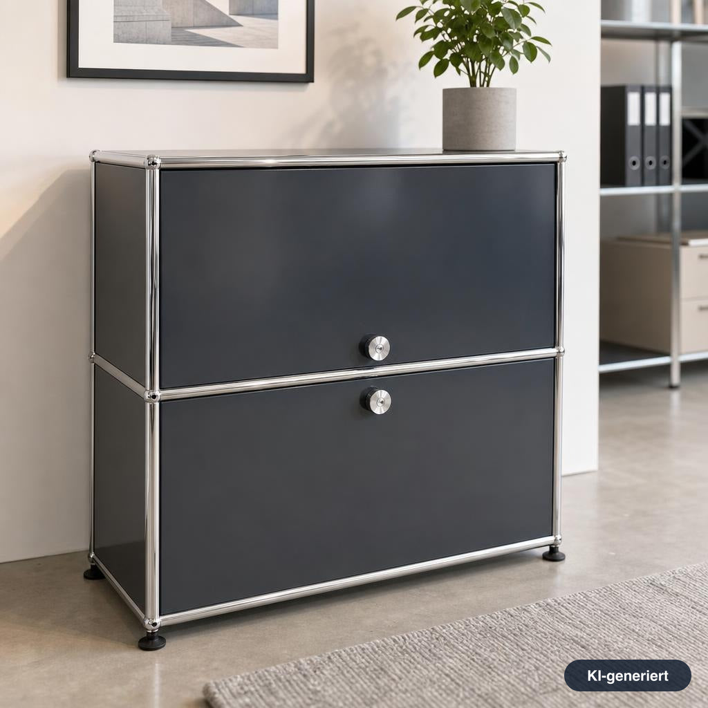 Anthrazitfarbenes USM Haller Sideboard 1x2 mit Einschubtür und Auszug, 78x74x38 cm, im modernen Design mit Chromrahmen.