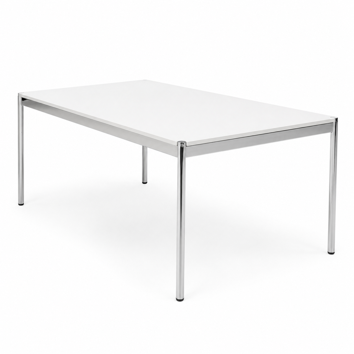 USM Haller Tisch 200x100cm in Reinweiß mit weißer MDF-Platte und verchromtem Stahlgestell im minimalistischen Design.