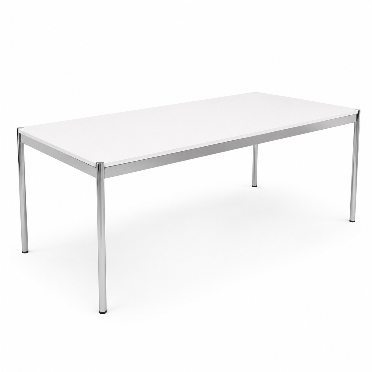 USM Haller Tisch 200x100cm in Reinweiß mit weißer MDF-Platte und verchromtem Stahlgestell im minimalistischen Design.