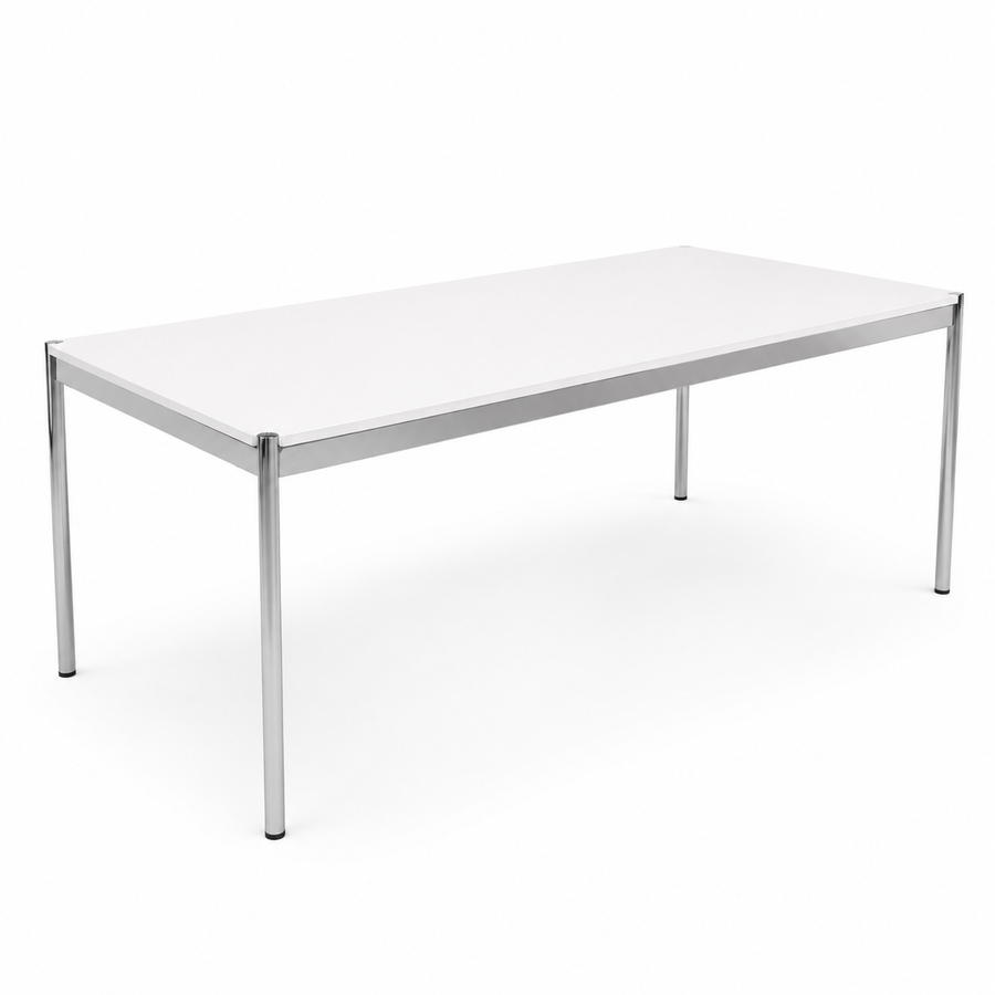 USM Haller Tisch 200x100cm in Reinweiß mit weißer MDF-Platte und verchromtem Stahlgestell im minimalistischen Design.