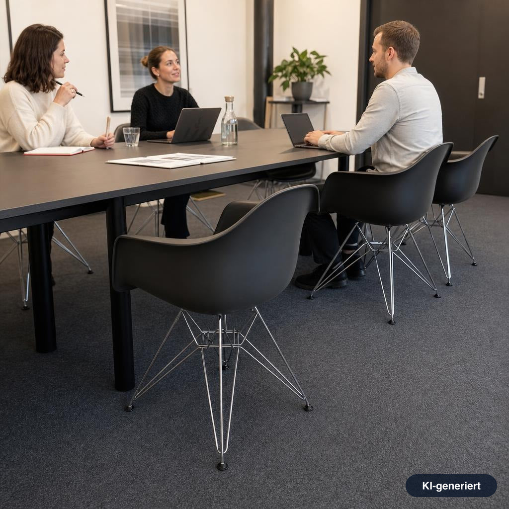 Grauer Vitra Eames Plastic Armchair DAR mit Sitzschale aus Kunststoff und filigranem Untergestell aus verchromtem Stahldraht.