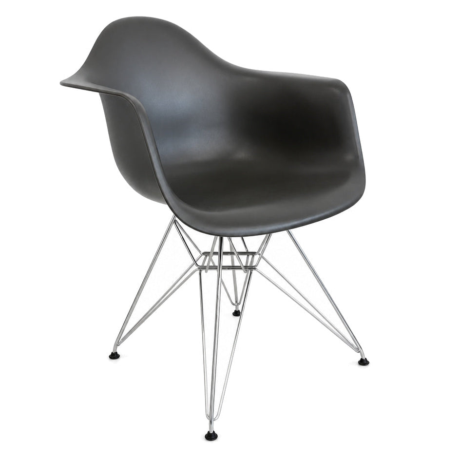 Vitra Eames Plastic Armchair DAR in Grau mit grauer Sitzschale und filigranem Untergestell aus verchromtem Stahldraht.