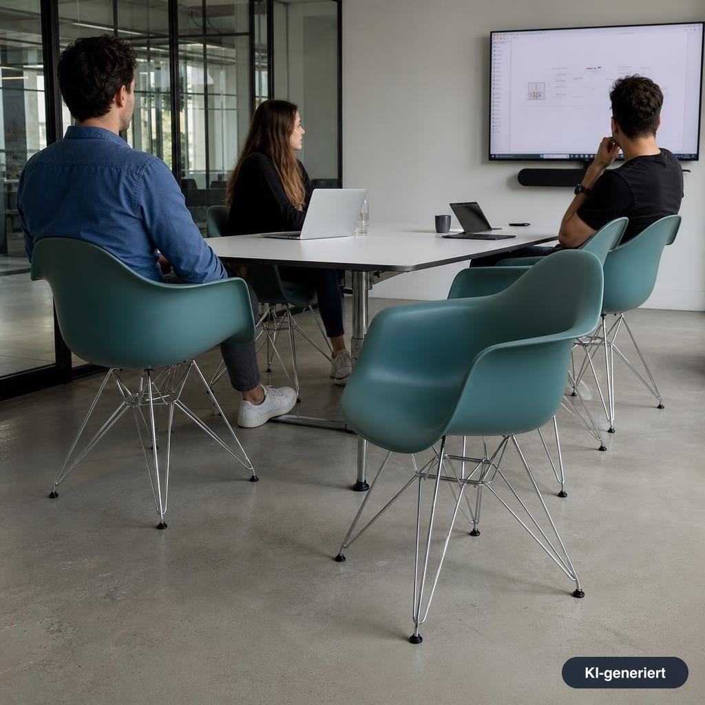 Vitra Eames Plastic Armchair DAR in Petrolblau mit verchromtem Drahtuntergestell in einem modernen Büro-Meetingraum.