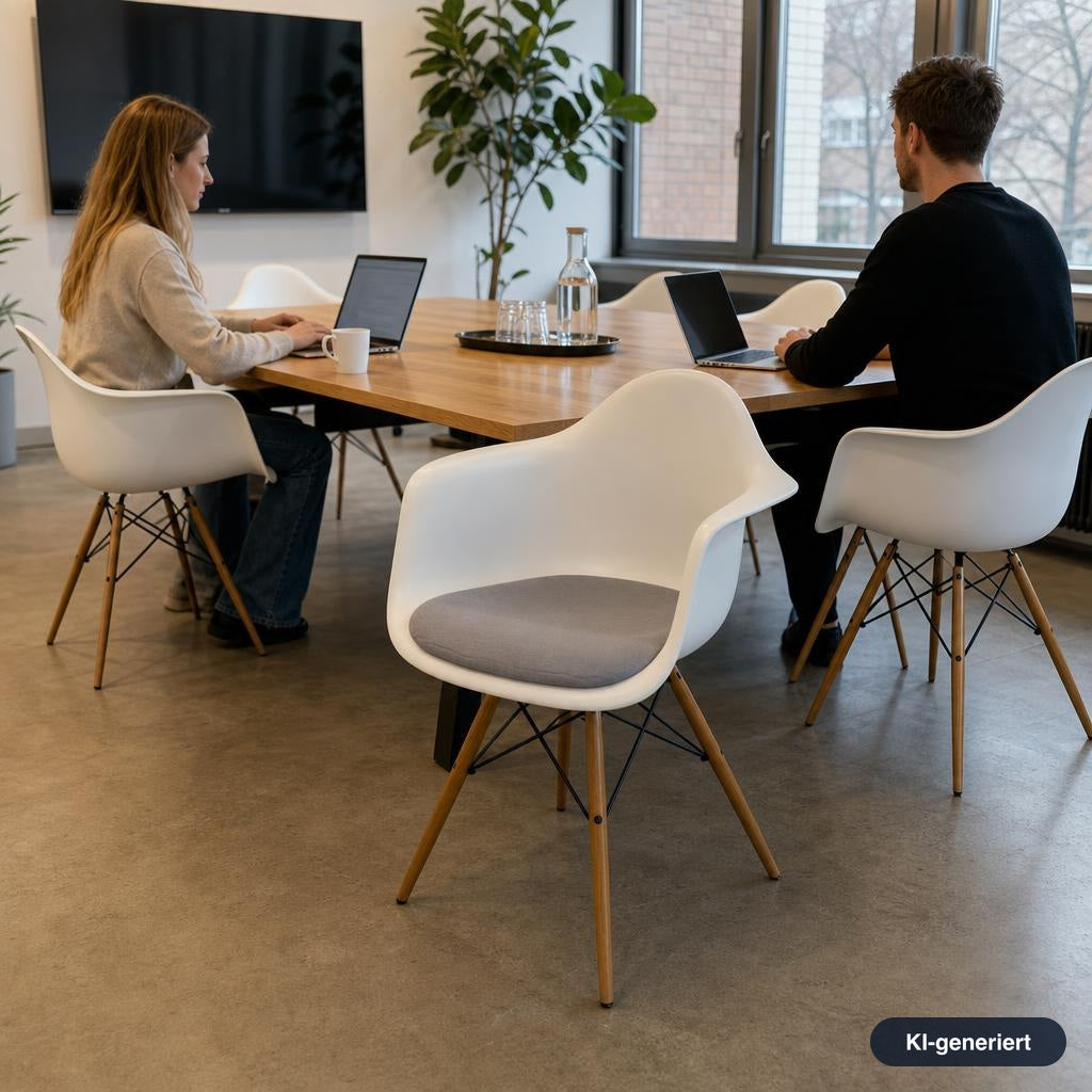 Vitra Eames Plastic Armchair DAW mit weißer Sitzschale, hellgrauem Polster und Ahornholz-Gestell in einem Büro.