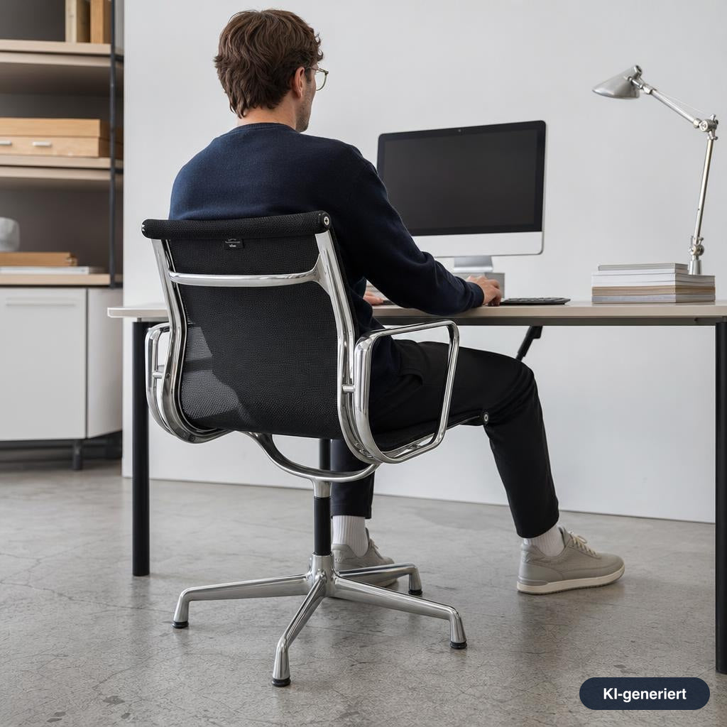 Vitra Eames Aluminium Chair EA 103 mit schwarzem Netzbezug und poliertem Aluminiumgestell in einem modernen Büro.