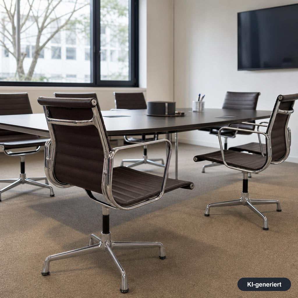Vitra EA 108 Konferenzstuhl mit dunkelbraunem Lederbezug und glänzendem Chromgestell in einem modernen Büro.