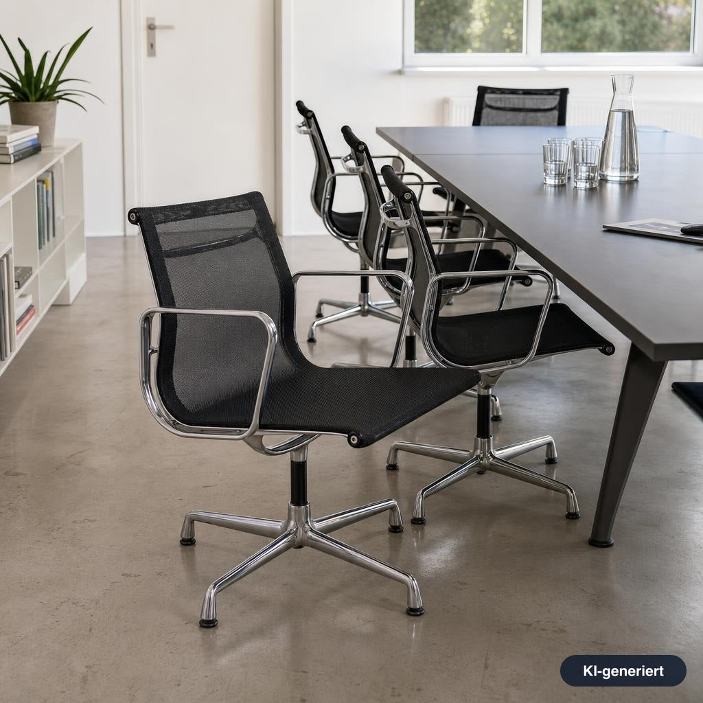 Vitra EA 108 Eames Chair mit schwarzem Netzbezug und poliertem Aluminiumgestell in einem modernen Konferenzraum.
