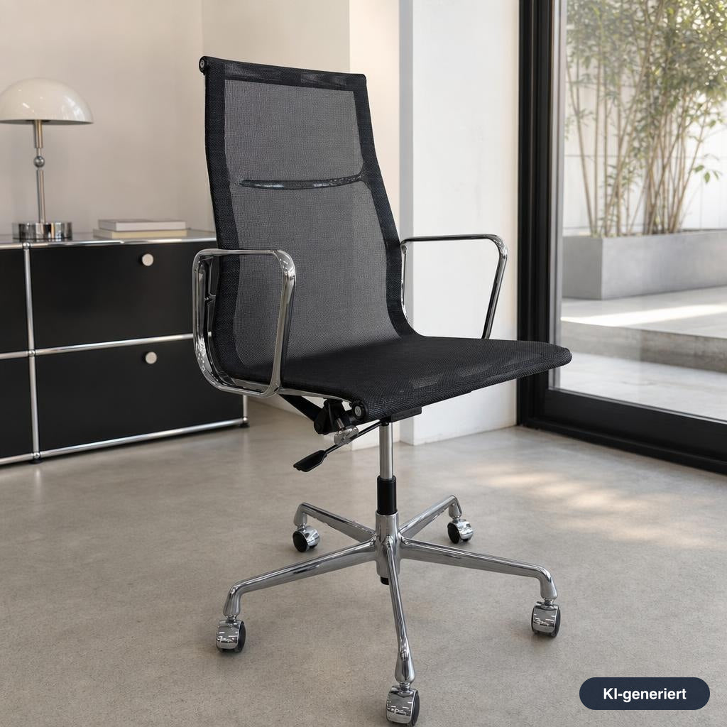 Vitra EA 119 Bürostuhl mit schwarzem Netzbezug und verchromtem Gestell in einem modernen Büro.